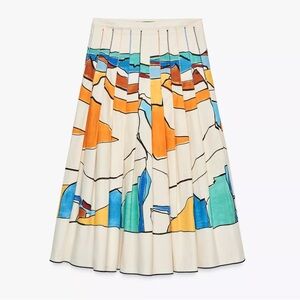 🎨 ZARA ZW Collection Printed Pleated Skirt Colorful Abstract Painting Midi